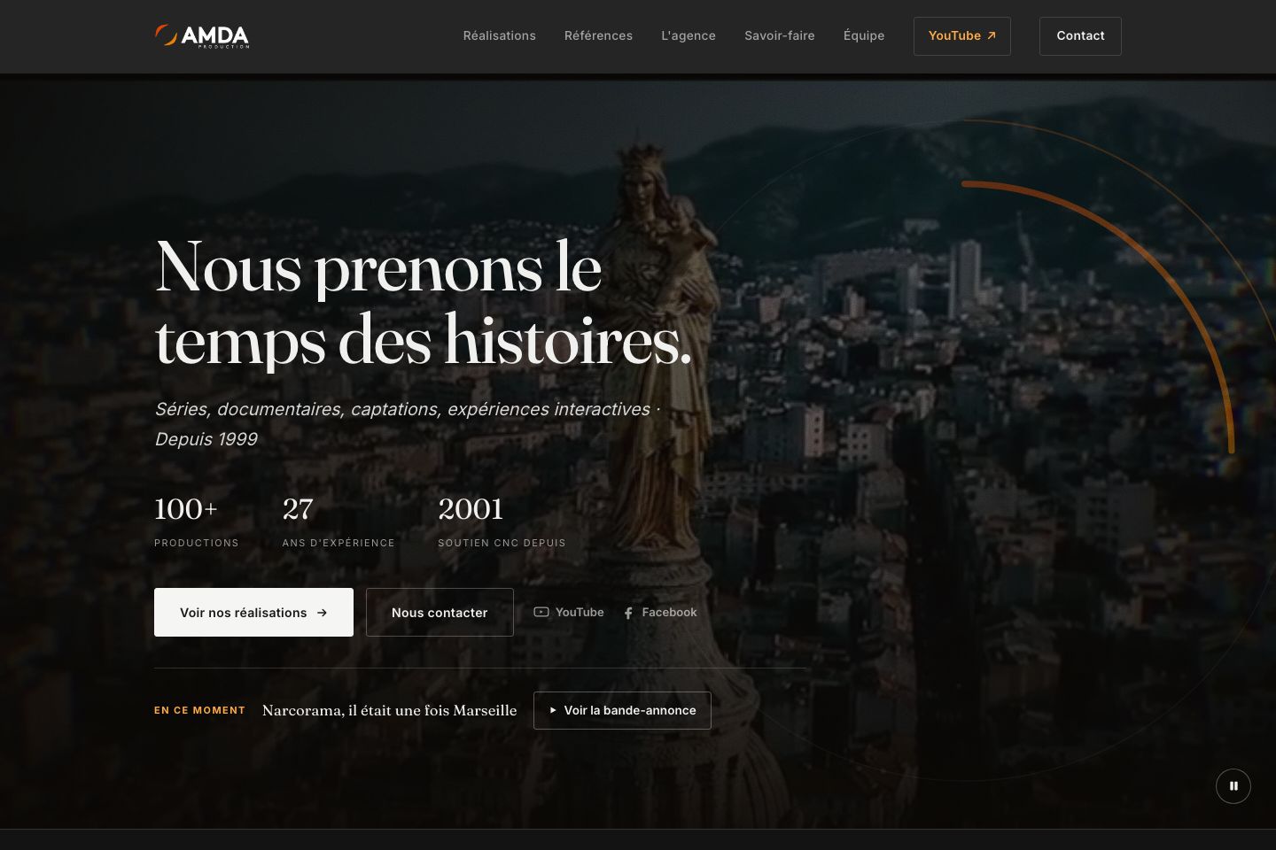 Page d'accueil du site AMDA Production, agence de production audiovisuelle
