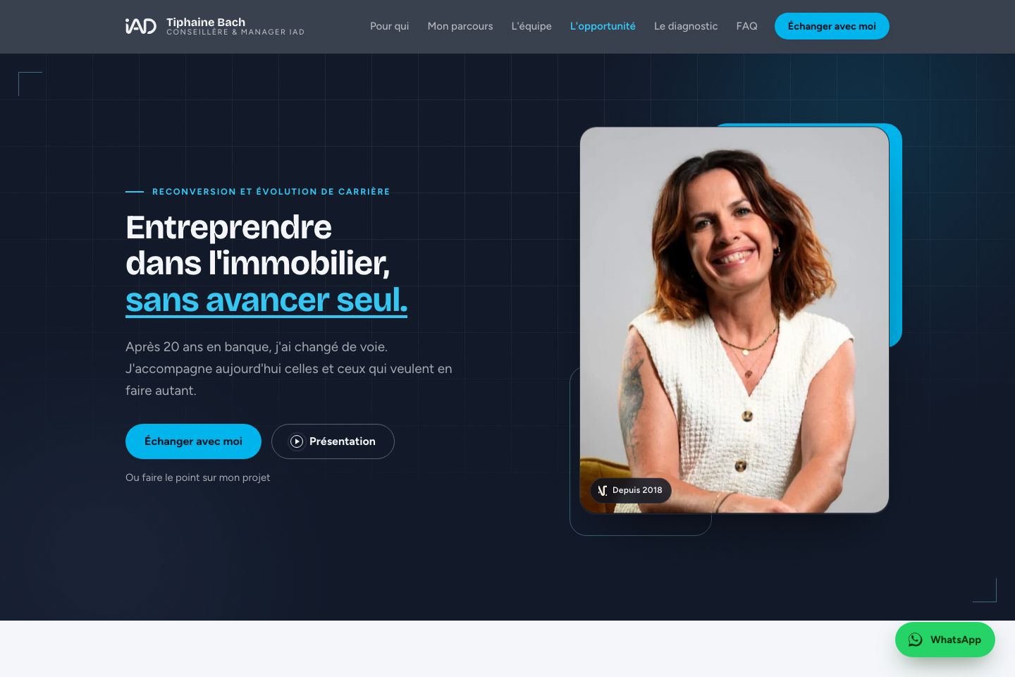 Page d'accueil du site de Tiphaine Bach, conseillère et manager iad