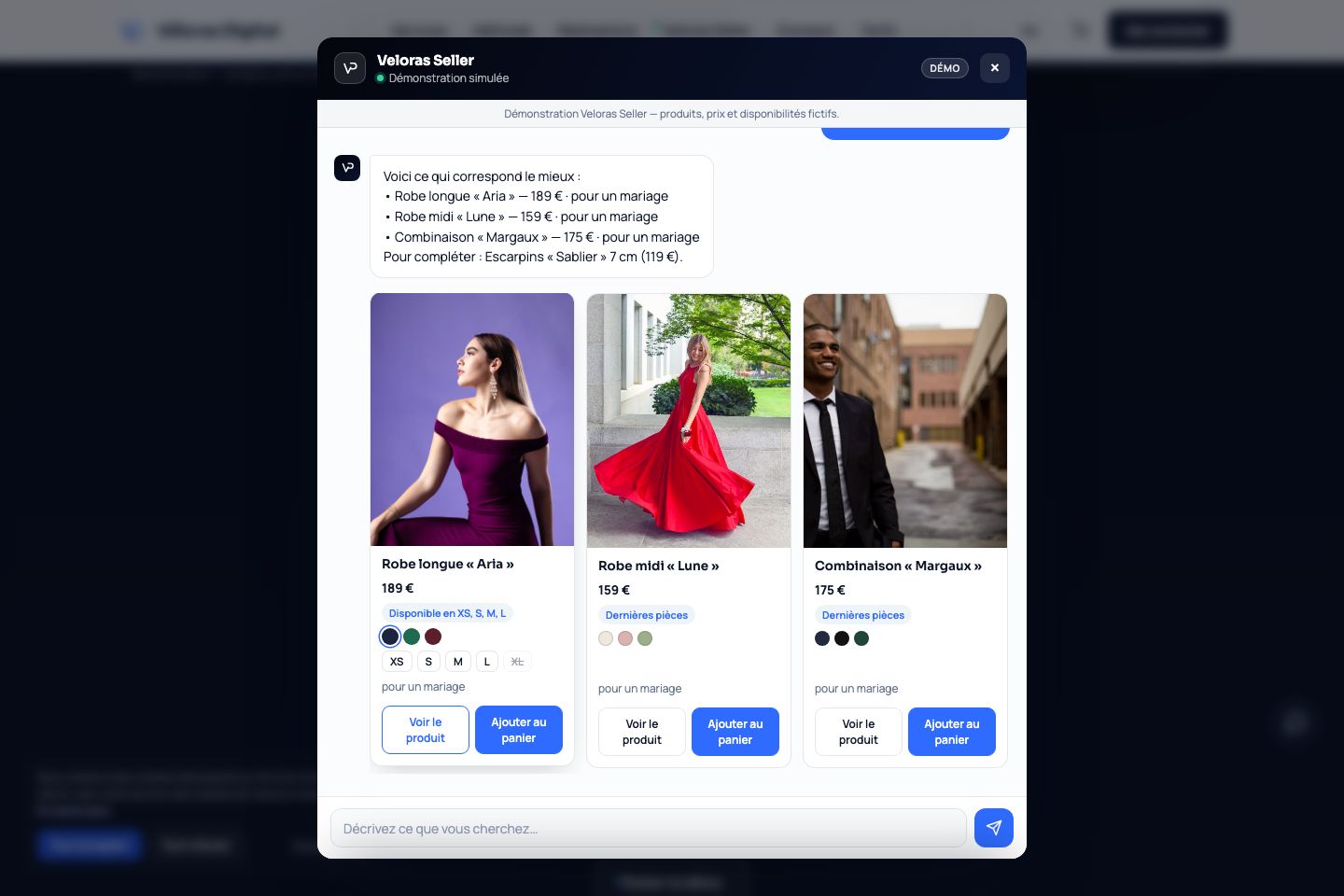 Interface de Veloras Seller montrant une recommandation de produits en conversation